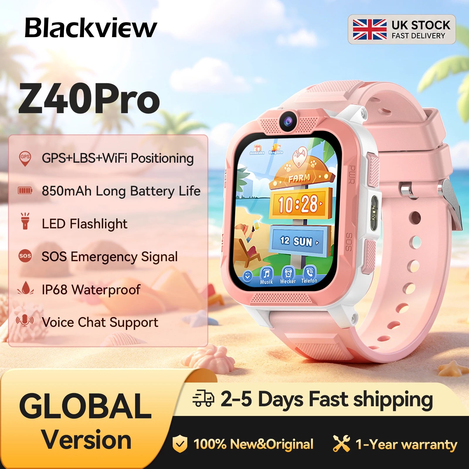 Blackview Z40 Pro Kids Smartwatch 1.83-inch TFT Screen GPS/SOS SIM 4G Smart Watch with Flashlight IP68 Waterproof Multi-wearing