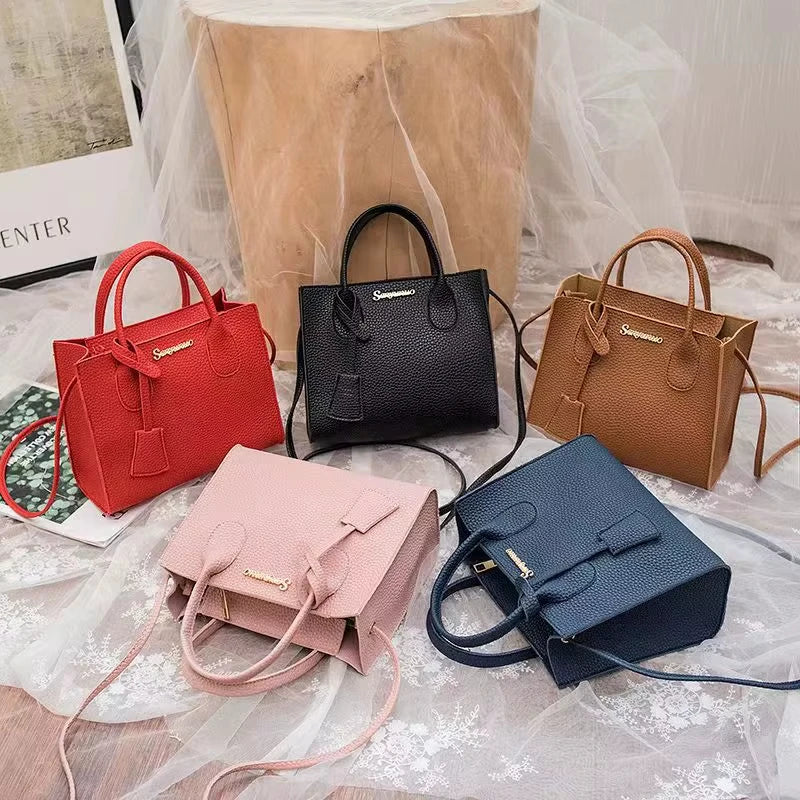 Luxury designer PU leather crossbody handbags in five colors with textured finish and gold logo detail.