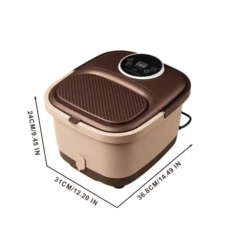 Automatic brown and beige foot spa bath with a digital touch control panel and indicated dimensions.