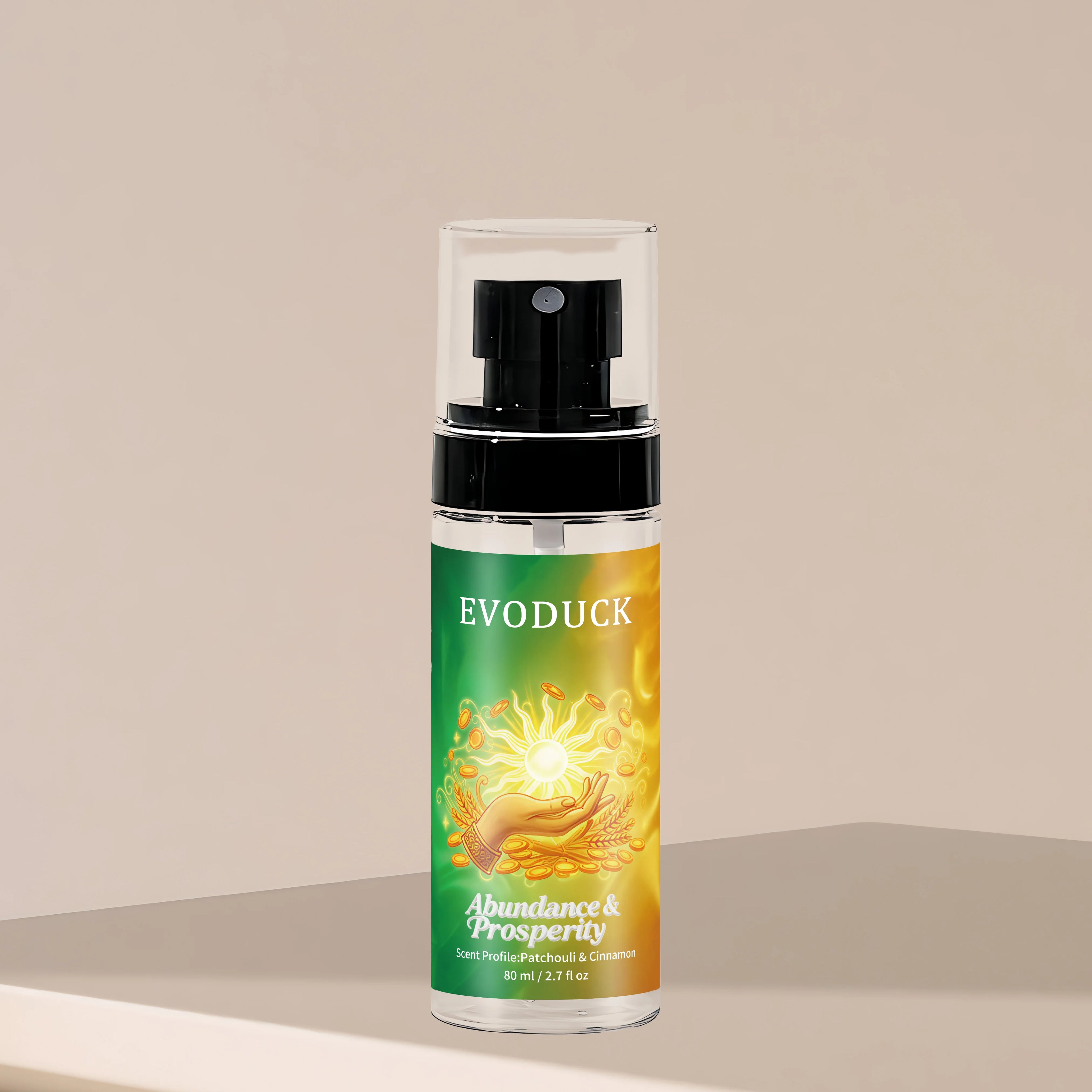 80ml clear pump spray bottle with green and gold label featuring sun and coin graphics, patchouli and cinnamon scent.