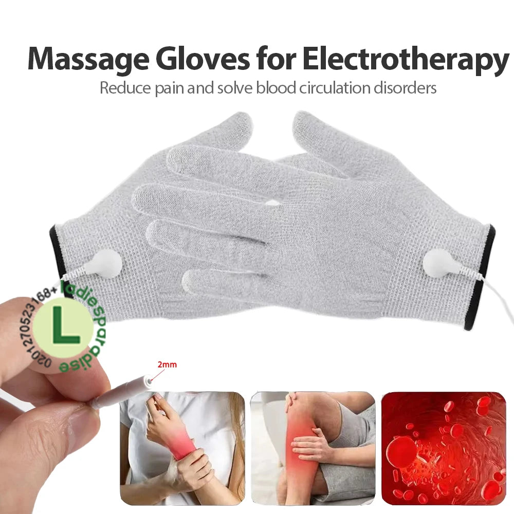 Grey conductive DDS bioelectric therapy massage gloves with 2mm connector for pain relief and circulation.
