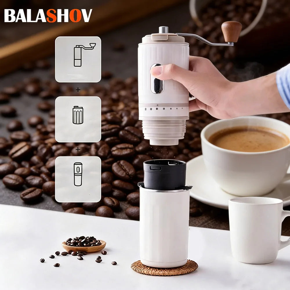Balashov portable white manual coffee grinder with hand crank, steel body, and coffee bean background.