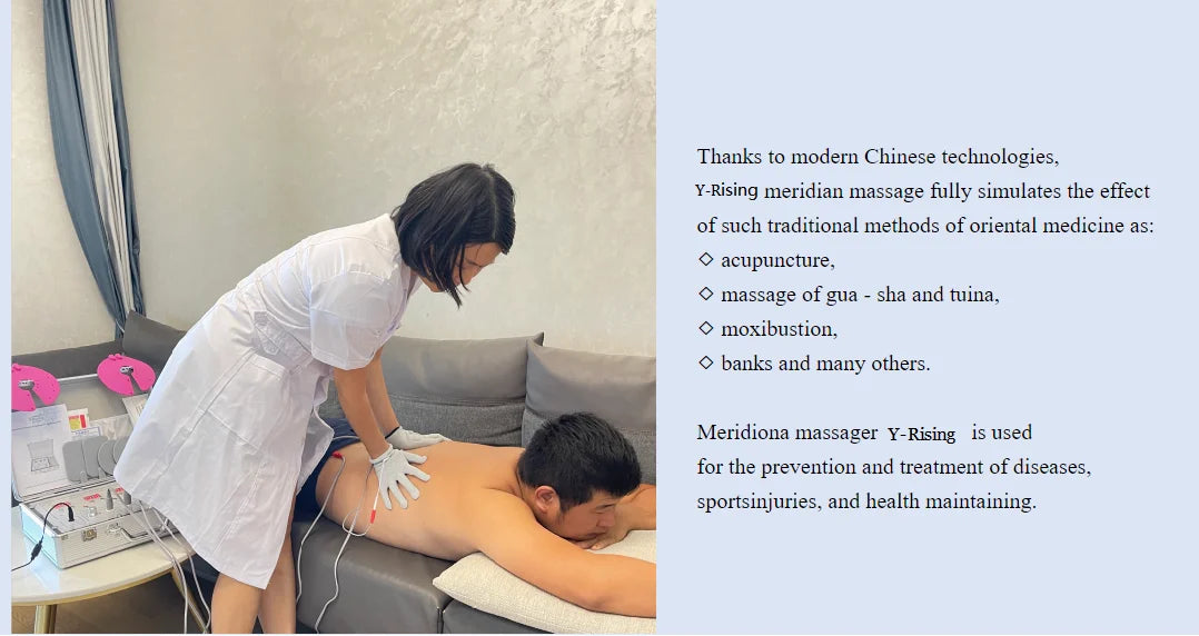 Therapist using DDS bioelectrical body massager with conductive gloves for meridian electrotherapy on a client's back.
