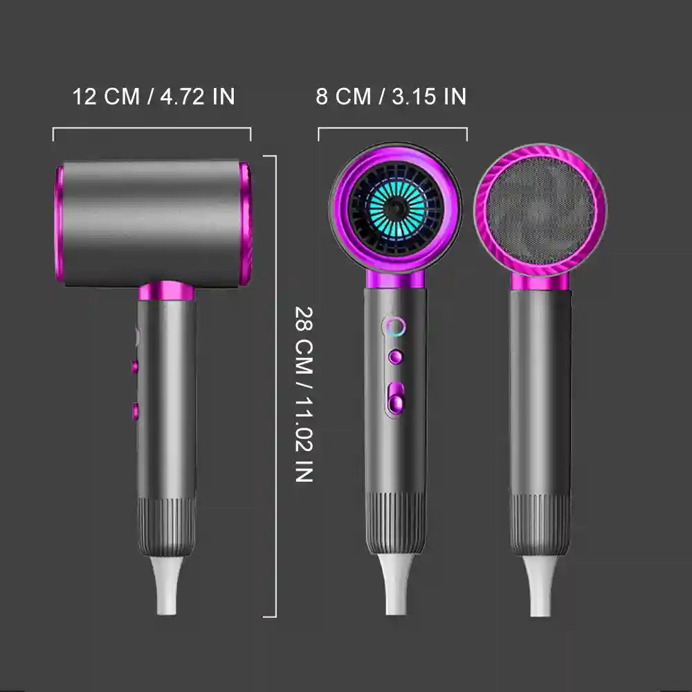 2400W high-speed negative ion hair dryer in gray and purple with dimensions and cool-touch design for quick drying.
