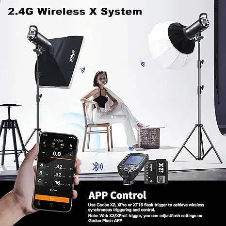Wireless studio flash system with softbox, reflector, light stands, and smartphone app controller for photography.