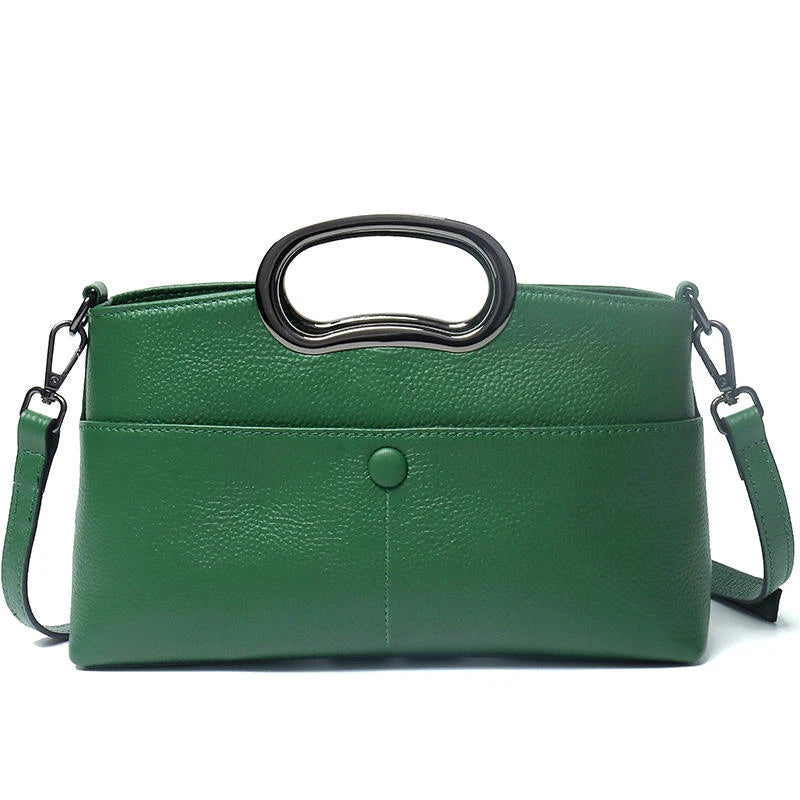Green luxury designer PU leather crossbody handbag with oval metal handle and detachable shoulder strap.