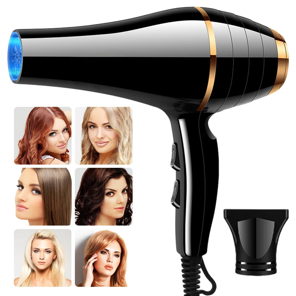 1800W professional black and gold ionic hair dryer with styling nozzle for fast, quiet salon-quality drying.