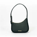 Dark green genuine leather mini shoulder bag with adjustable strap, gold zipper, and Pugmark designer logo.