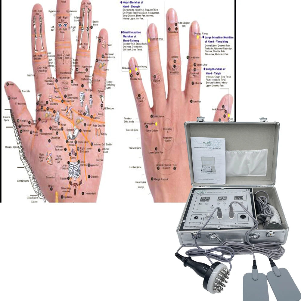 DDS bioelectrical therapy device in metal case with hand reflexology chart for household body massage and pain relief.