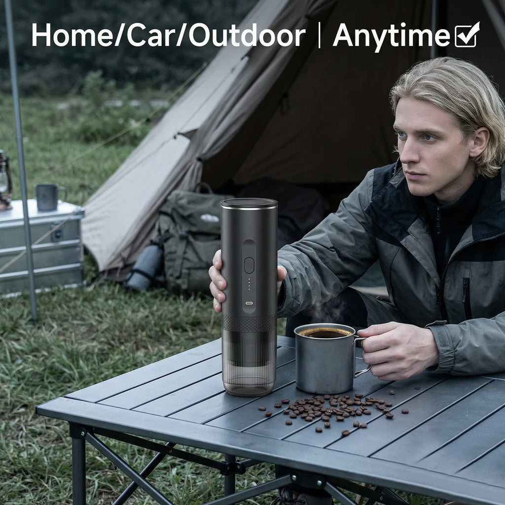 Portable black electric coffee maker for camping and travel, shown with a camping tent and metallic mug.