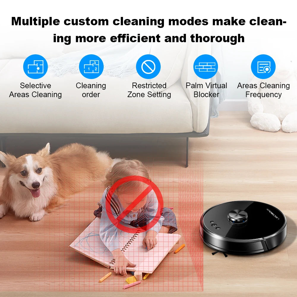 Tidesmit Liectroux X6 robot vacuum side profile showing laser navigation sensor and multi-floor mapping feature.