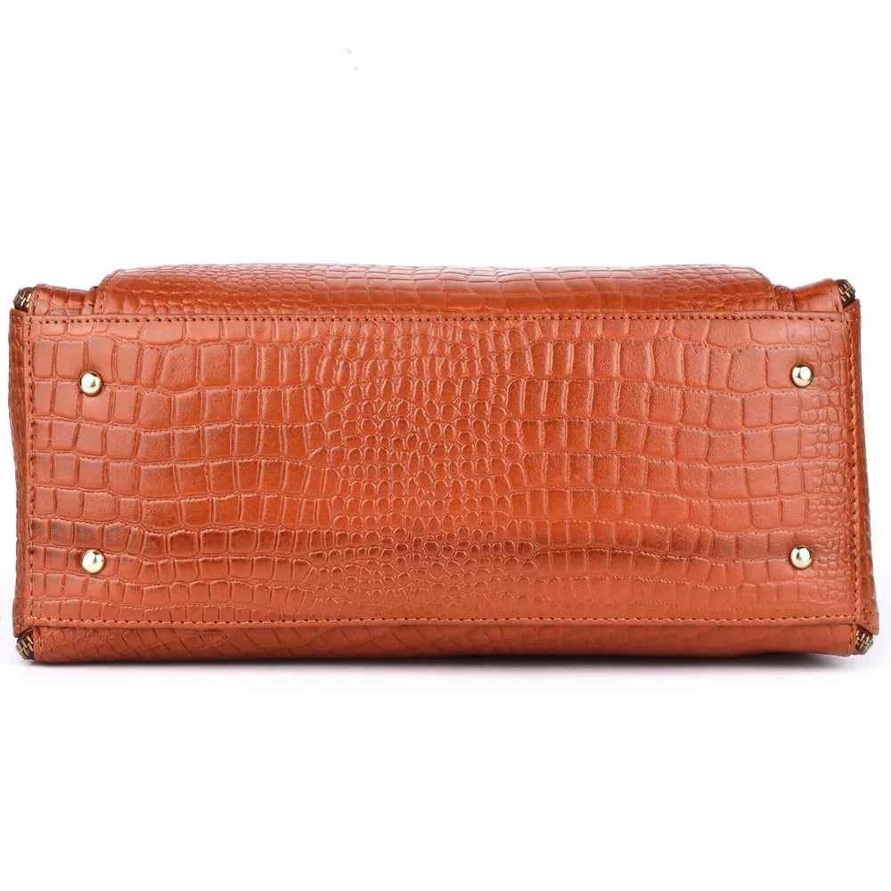 Brown crocodile-pattern PU leather designer handbag with protective metal feet and durable side zipper closure.