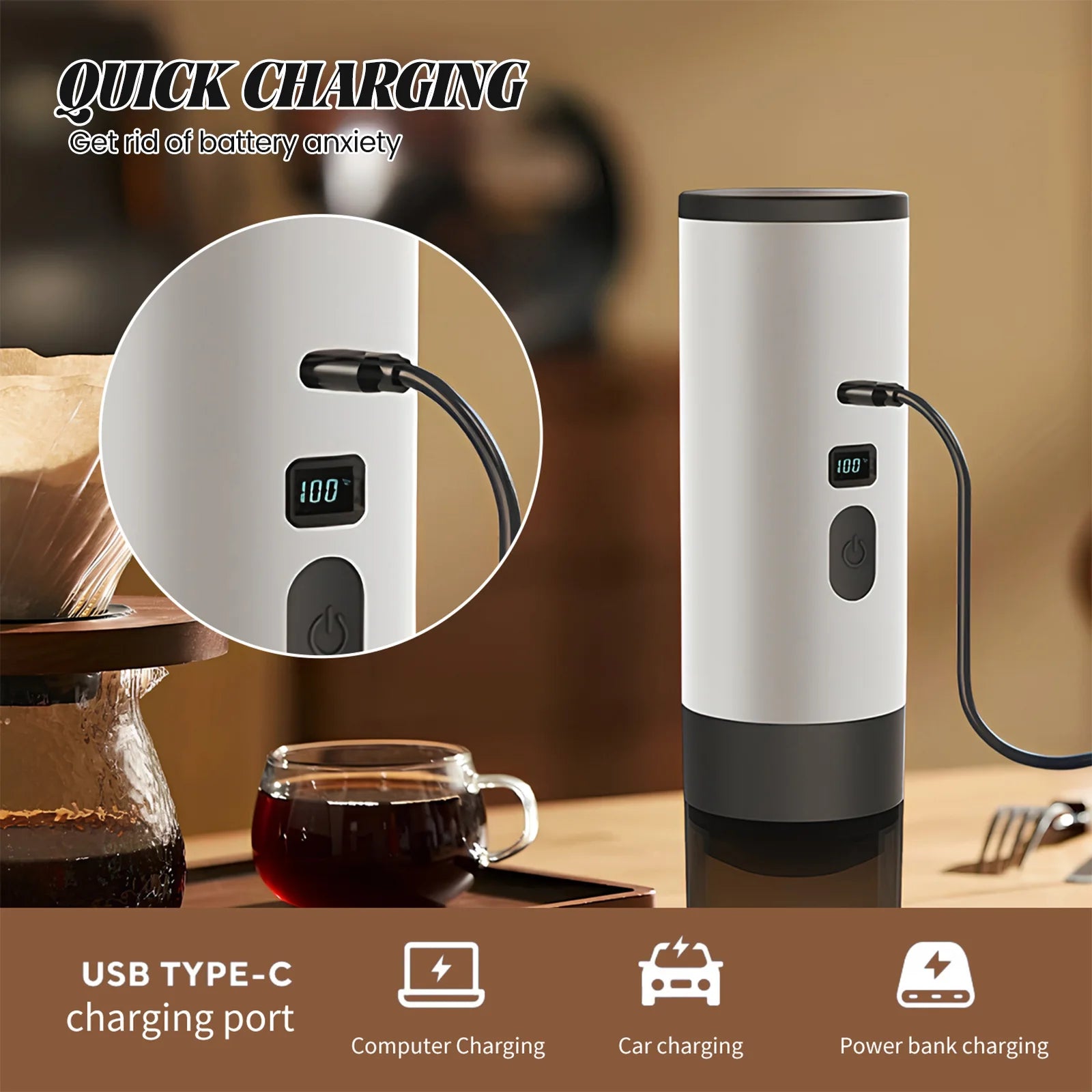 White portable electric coffee maker with USB-C charging port, LED battery display, and sleek modern cylinder design.