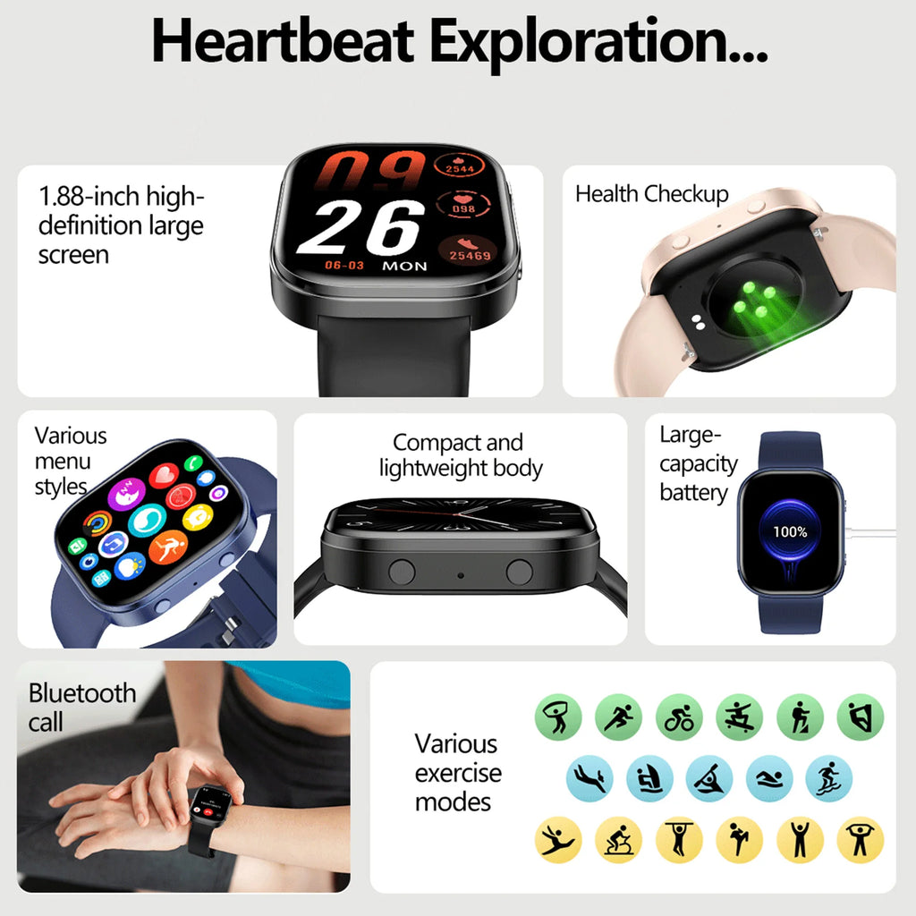 2026 New 1.88 Inch HD Smart Watch Women Bluetooth Call Smartwatch IP68 Waterproof Fitness Tracker DIY Custom Watch Face Sleep Monitor Multi Sports Mode Long Battery Life Message Reminder Smart Watch For Android IOS Ladies Gif