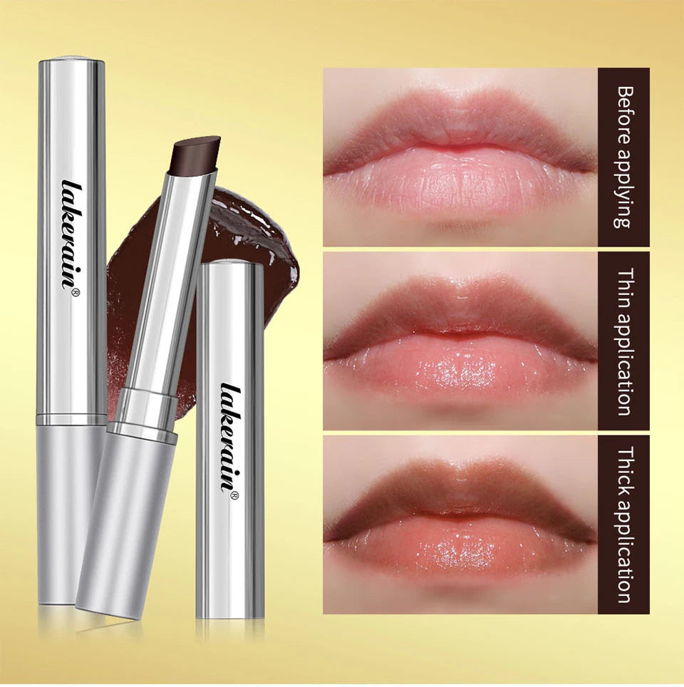 Lakerain moisturizing honey lip balm in dark brown packaging showing sheer to buildable tinted results on lips.