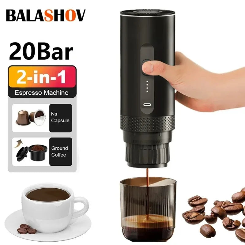 Balashov 20-bar 2-in-1 portable espresso maker in black, compatible with Ns capsules and ground coffee.