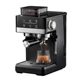 Black espresso machine with built-in bean grinder, touchscreen display, and glass cup on a drip tray.