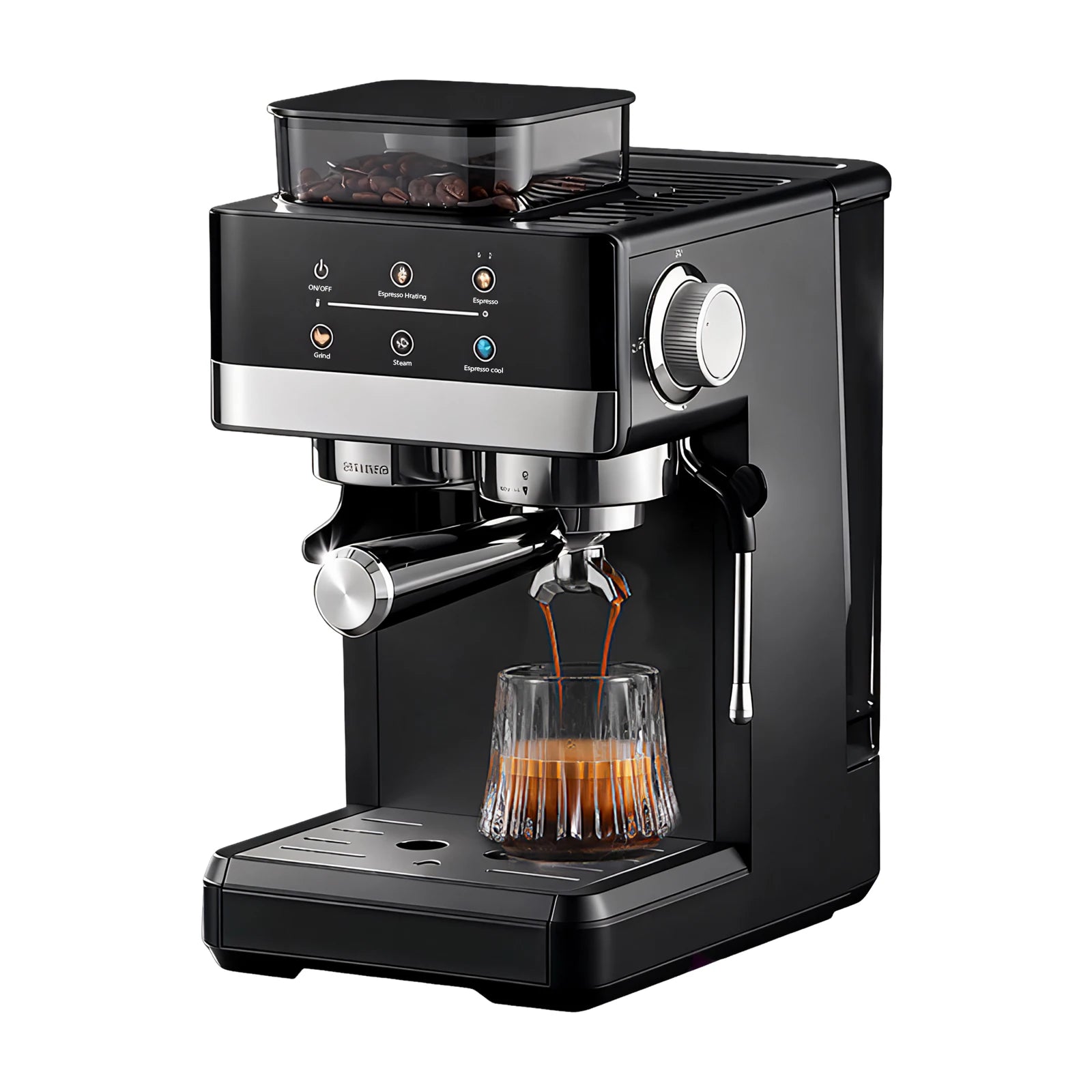 Black espresso machine with built-in bean grinder, touchscreen display, and glass cup on a drip tray.