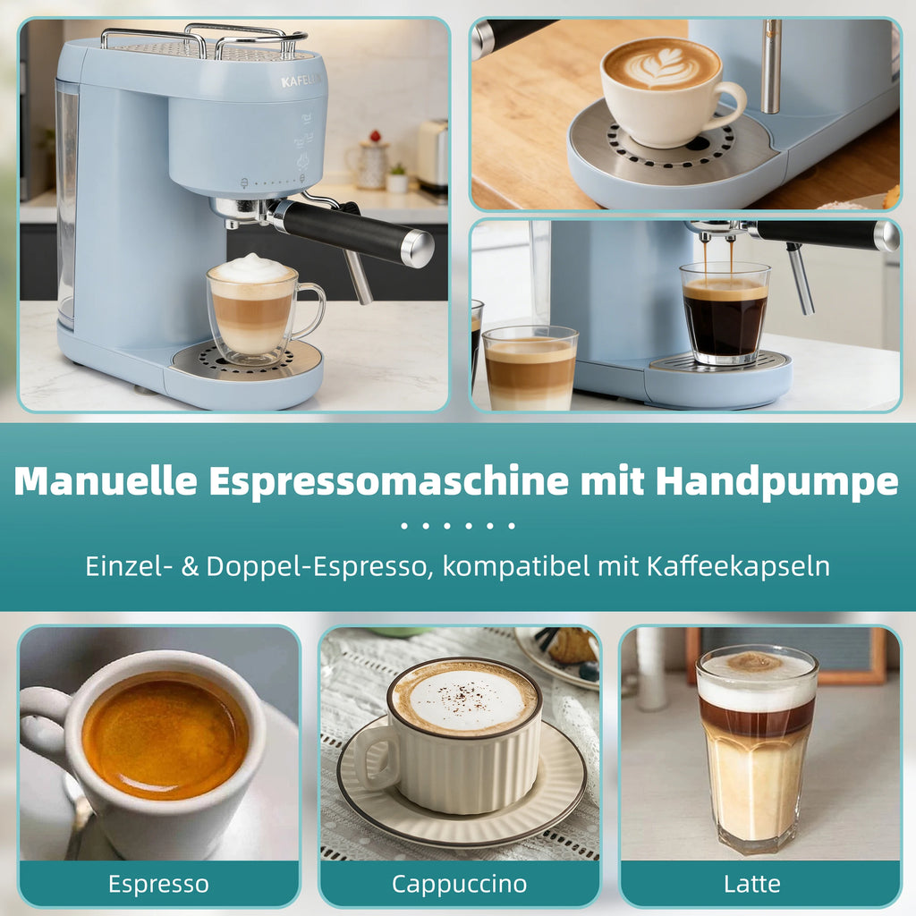 Kafelia manual espresso machine in light blue, brewing coffee into glasses with frothing steam wand.