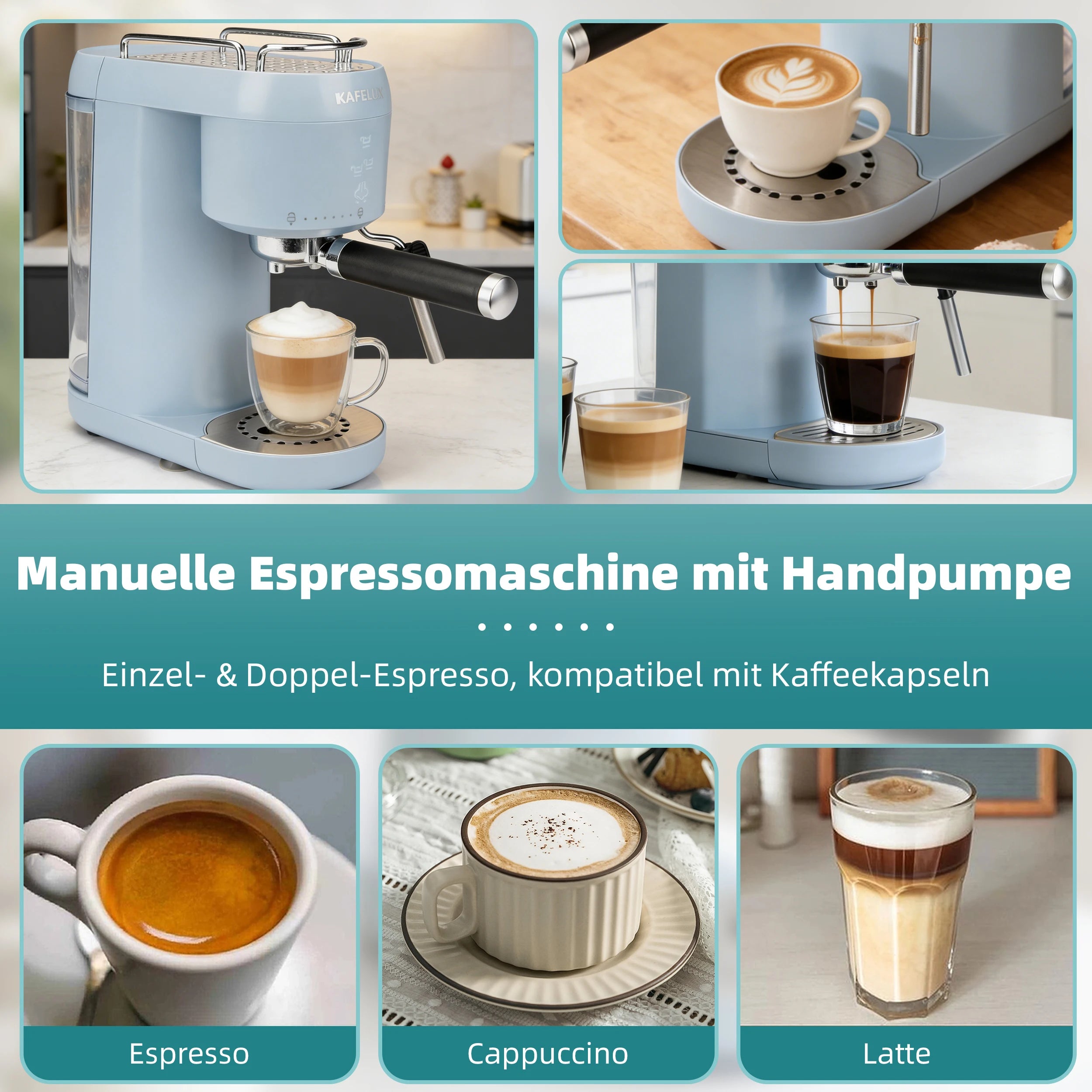 Kafelia manual espresso machine in light blue, brewing coffee into glasses with frothing steam wand.