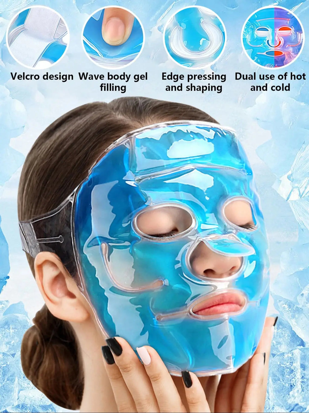 A person wearing a blue, transparent gel face mask with Velcro straps for hot or cold therapy.