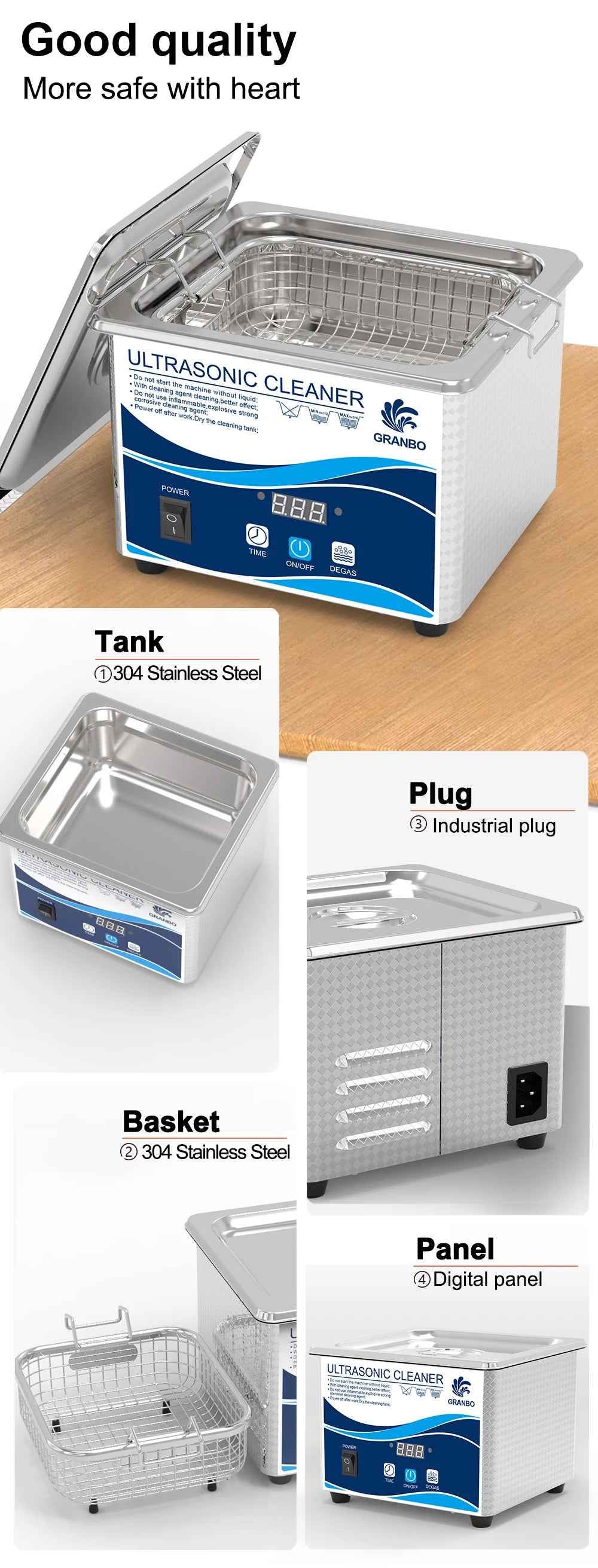 Tidesmit 1L ultrasonic cleaner with digital timer for jewellery, shaver, and glasses cleaning, 60W power, side view