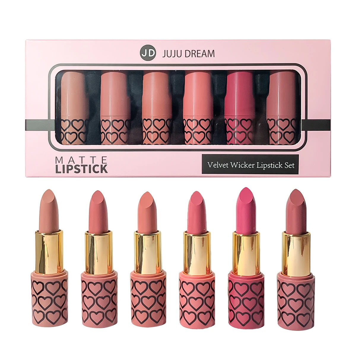 6-piece matte nude lipstick set in heart-pattern cases. Long-lasting, high-pigmentation, non-stain velvet makeup.
