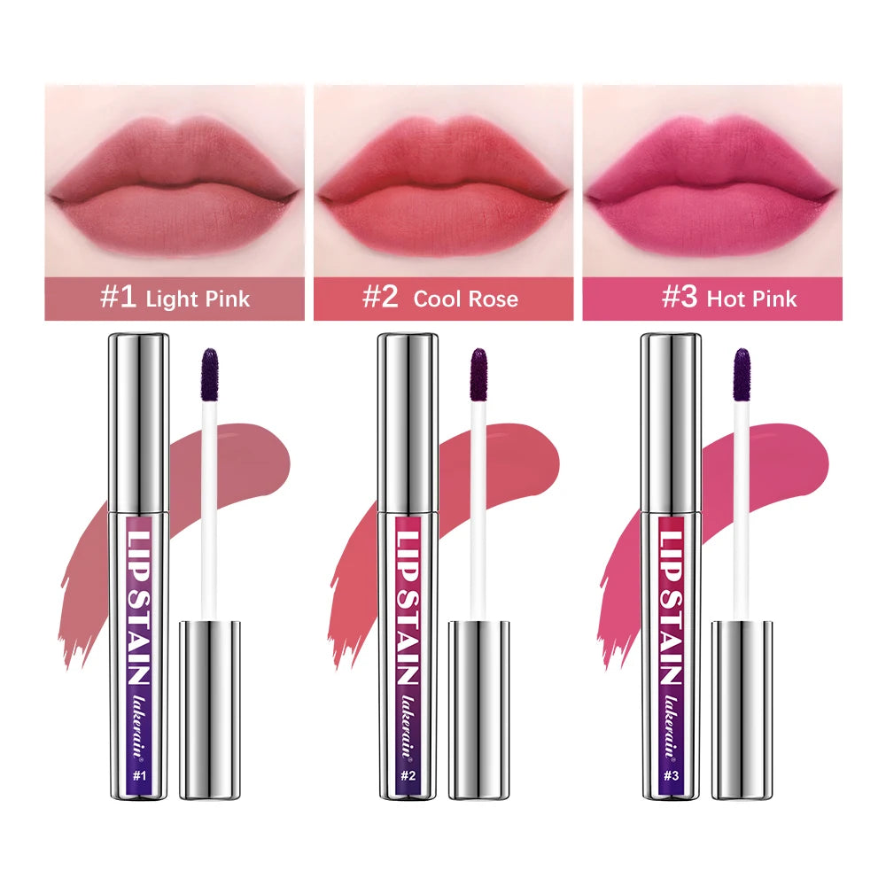 Waterproof peel-off lip stain tubes in light pink, cool rose, and hot pink with matte swatch results on lips.