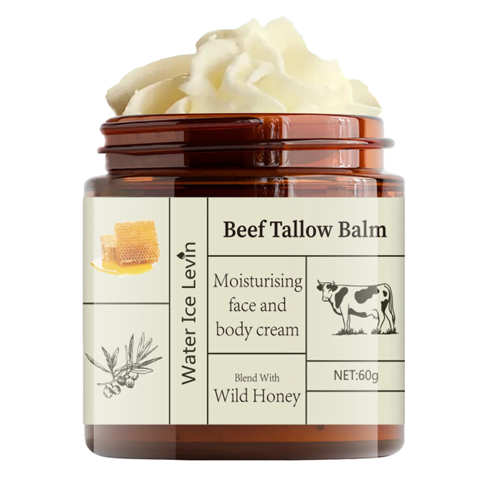 60g Beef Tallow Cream Deeply Moisturizing, Brightening, Anti-Wrinkle, Grass-Fed Beef Butter, Wild Honey, Facial and Body Lotion, Skincare, Rich in Vitamins