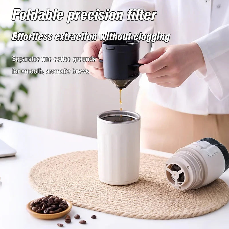 White portable coffee maker with black foldable precision filter dripping coffee into a matching travel mug.