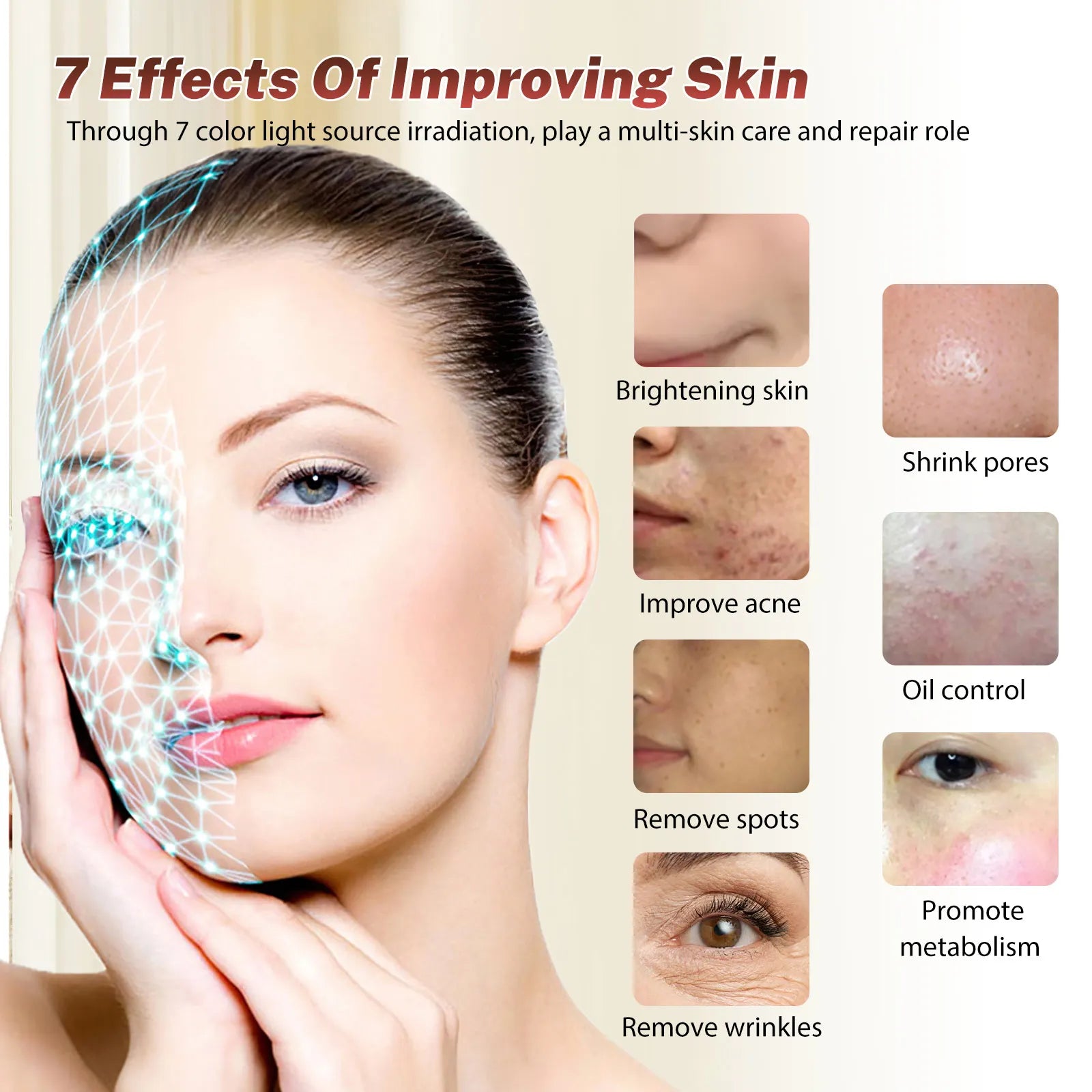 7-color LED light therapy face mask for skin rejuvenation, acne treatment, and anti-aging spa facial care device.