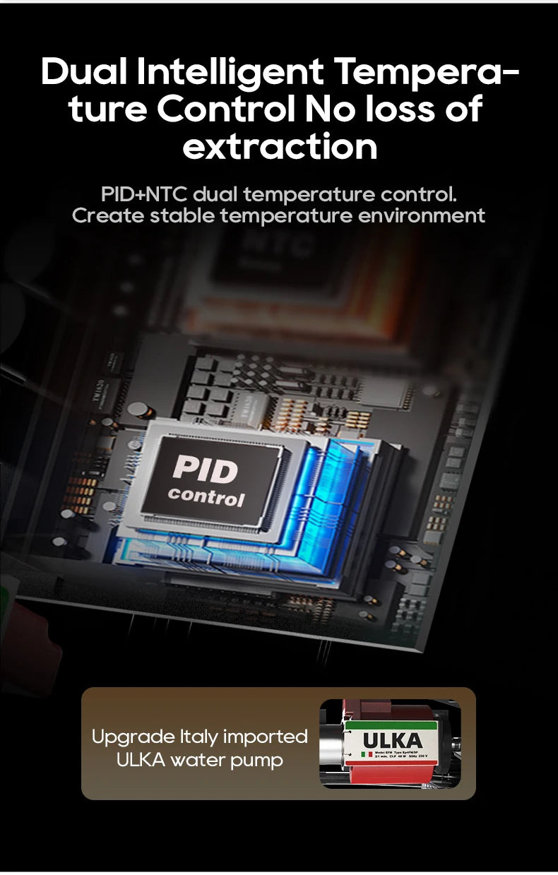 Coffee machine internal components: PID and NTC temperature control chip with an Italian ULKA water pump.