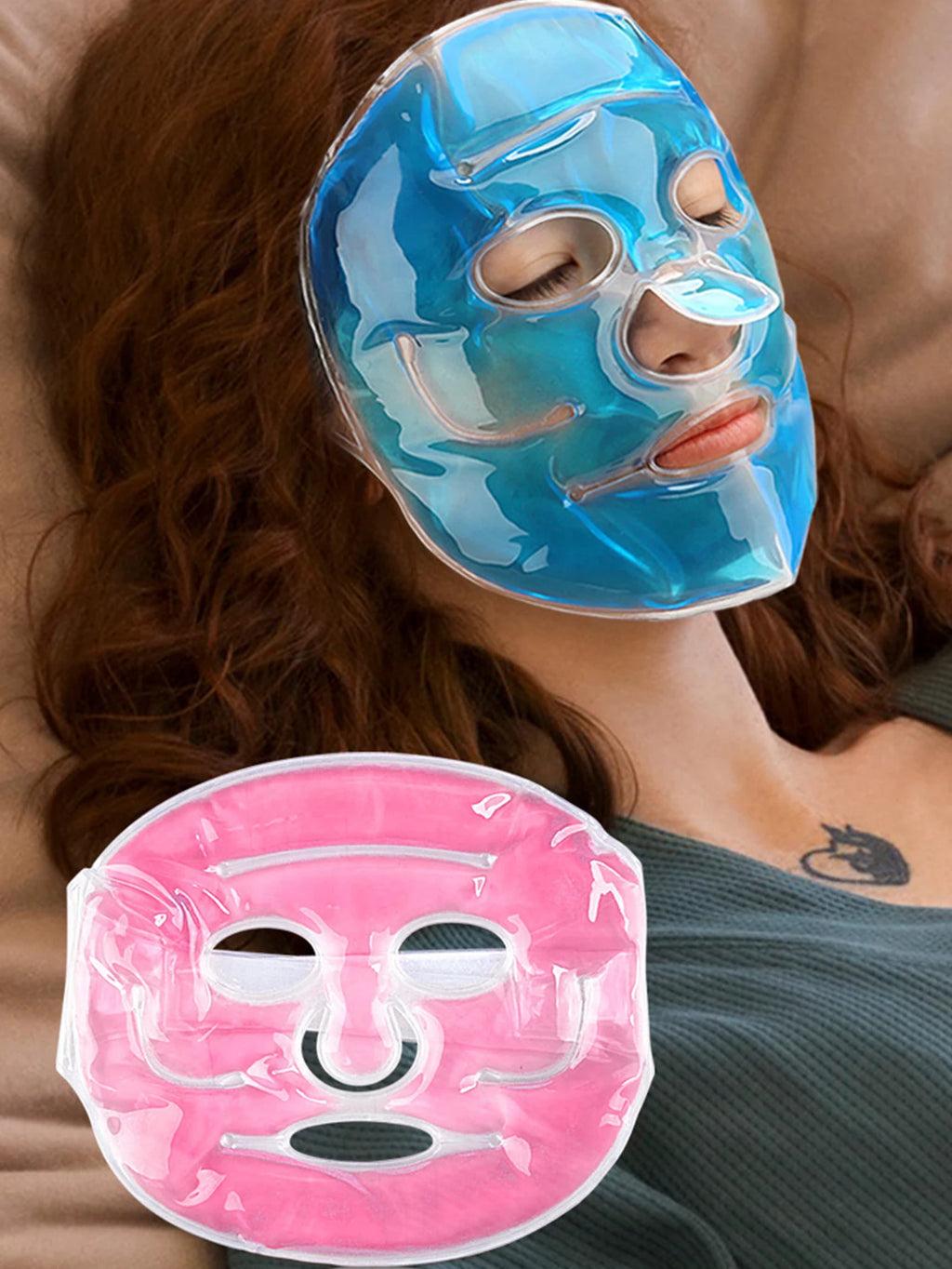 A woman wears a translucent blue gel face mask, with a separate pink gel face mask shown in the foreground.