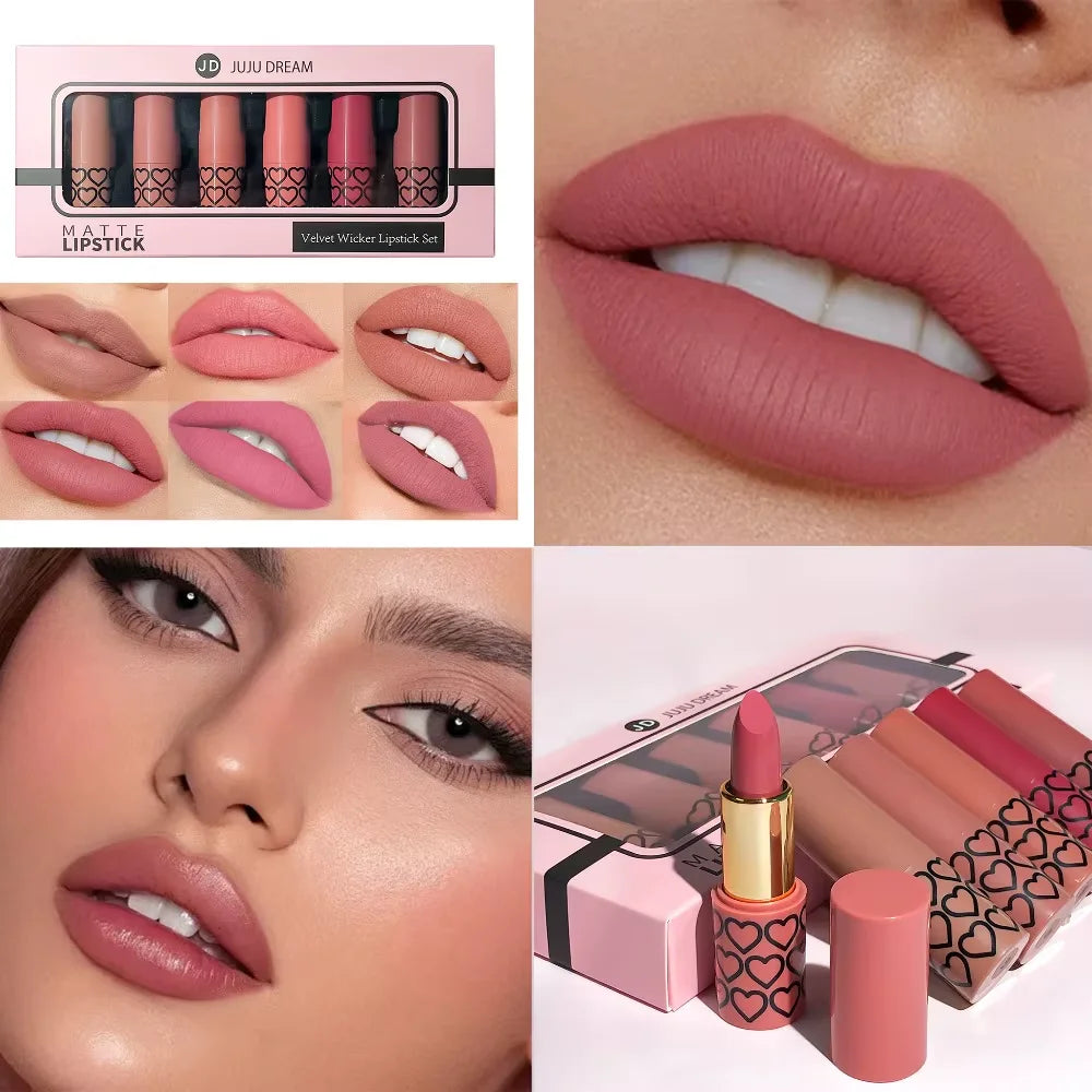 Set of 6 long-wear matte nude lipsticks in a heart-print box. High-pigment, smudge-proof velvet liquid lip makeup.