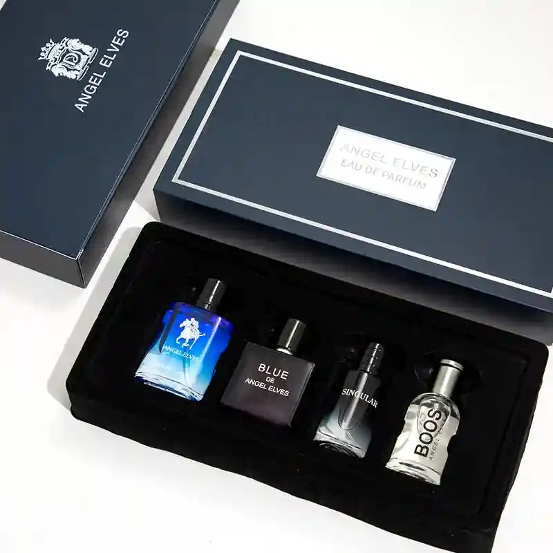 Angel Elves men's perfume gift set, 4-piece EDP fragrance collection, blue and glass bottles in luxury display box.