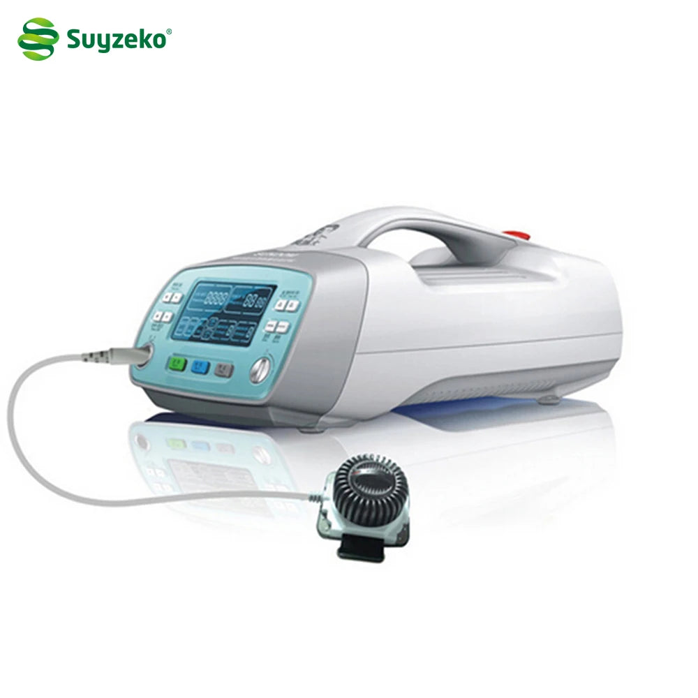 White and blue medical diagnostic device with a digital display, handle, and a connected black sensor probe.