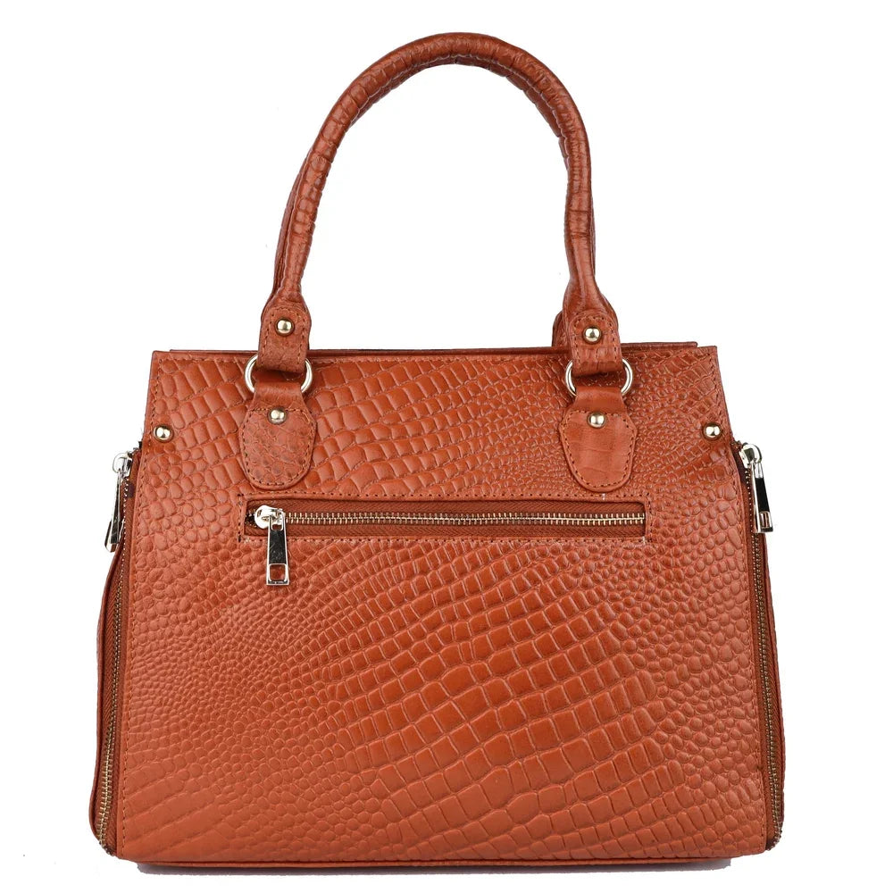 Tan croc-textured PU leather designer handbag with durable zipper closure, top handle, and stylish side zip detailing.