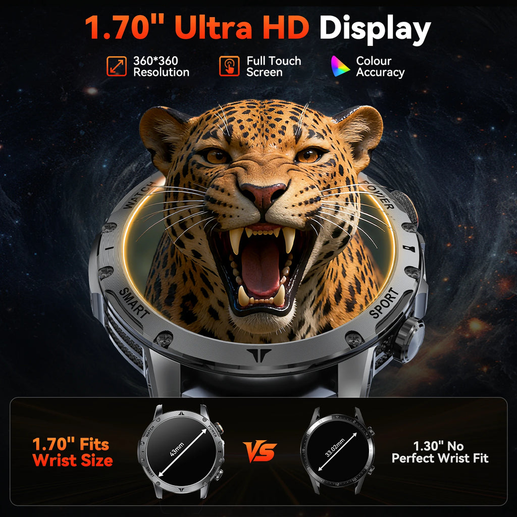 Men Military Smart Watch 1100mAh Large Battery 30 Days Standby Bluetooth Call Flashlight Compass 1.7" TFT HD 360*360 Screen IP68 Waterproof Sports Smartwatch 100+ Sport Modes Heart Rate Sleep Monitor Fitness Tracker For Andro