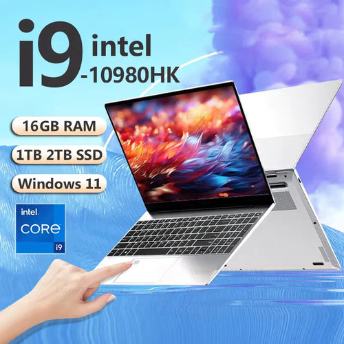 Silver 15.6-inch laptop with thin bezels, black keyboard, trackpad with fingerprint sensor, and colorful screen display.