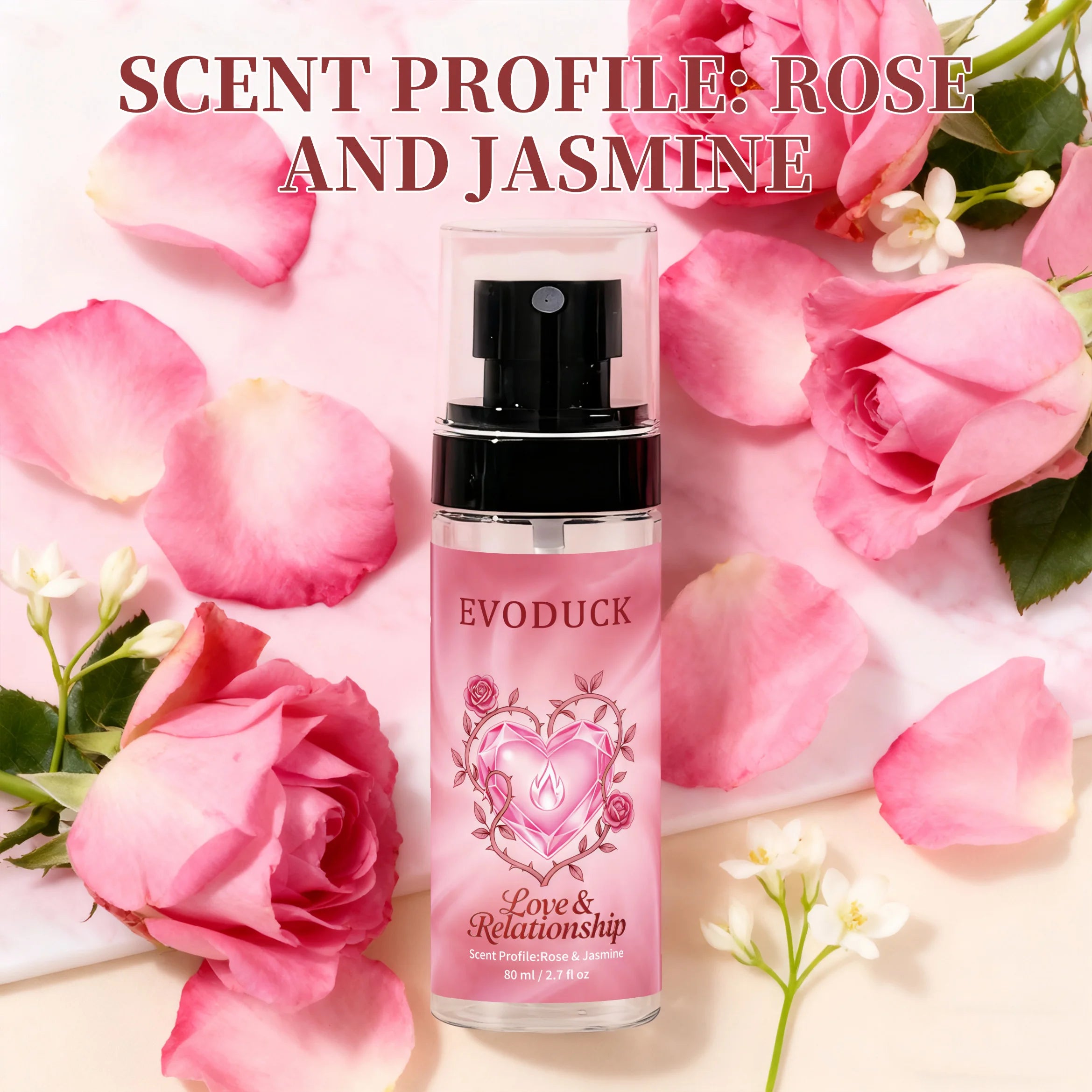 Evoduck Love & Relationship Rose & Jasmine body mist. 2.7 oz travel-size floral fragrance spray for women.