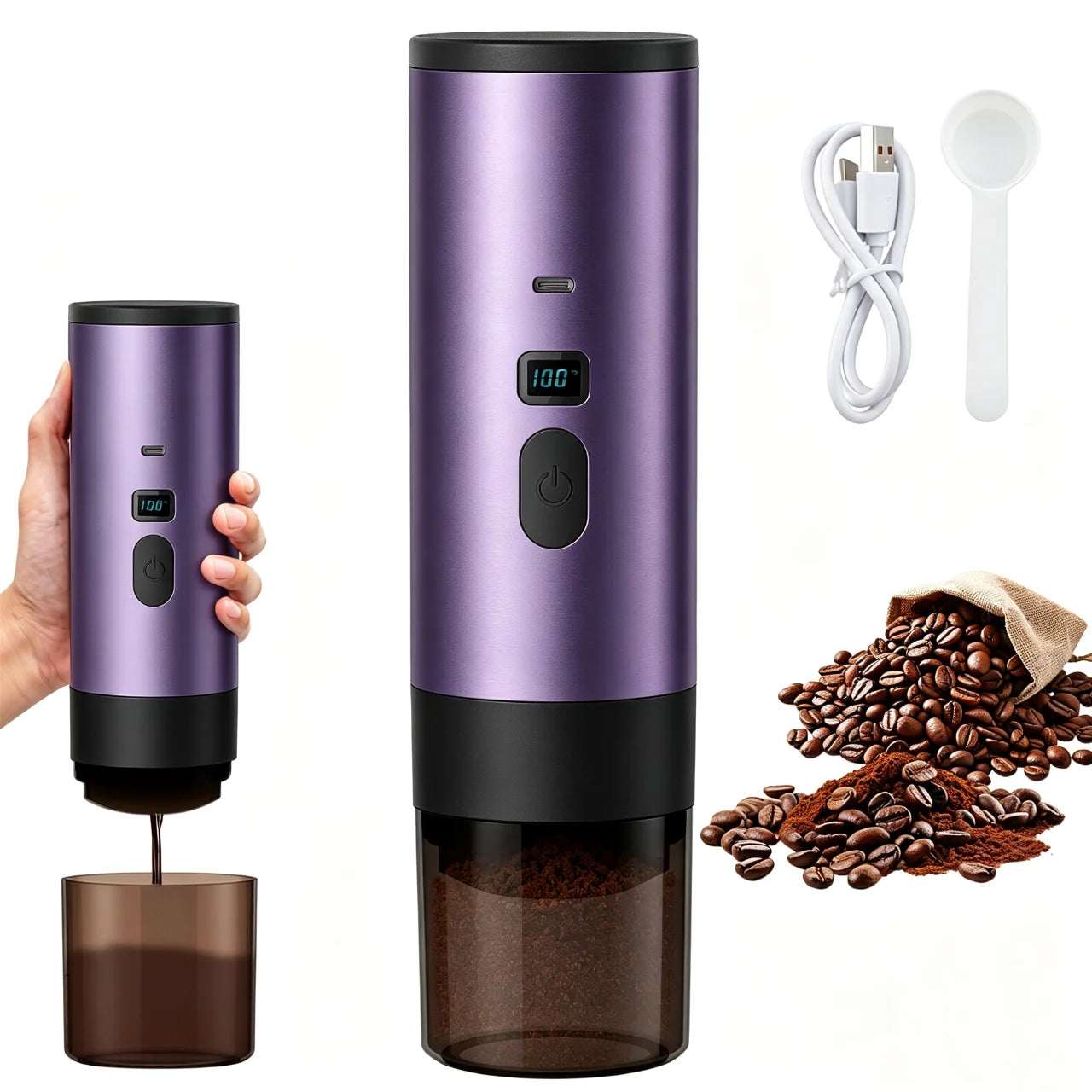 Portable purple electric coffee grinder with digital display, USB charging cable, measuring scoop, and coffee beans.