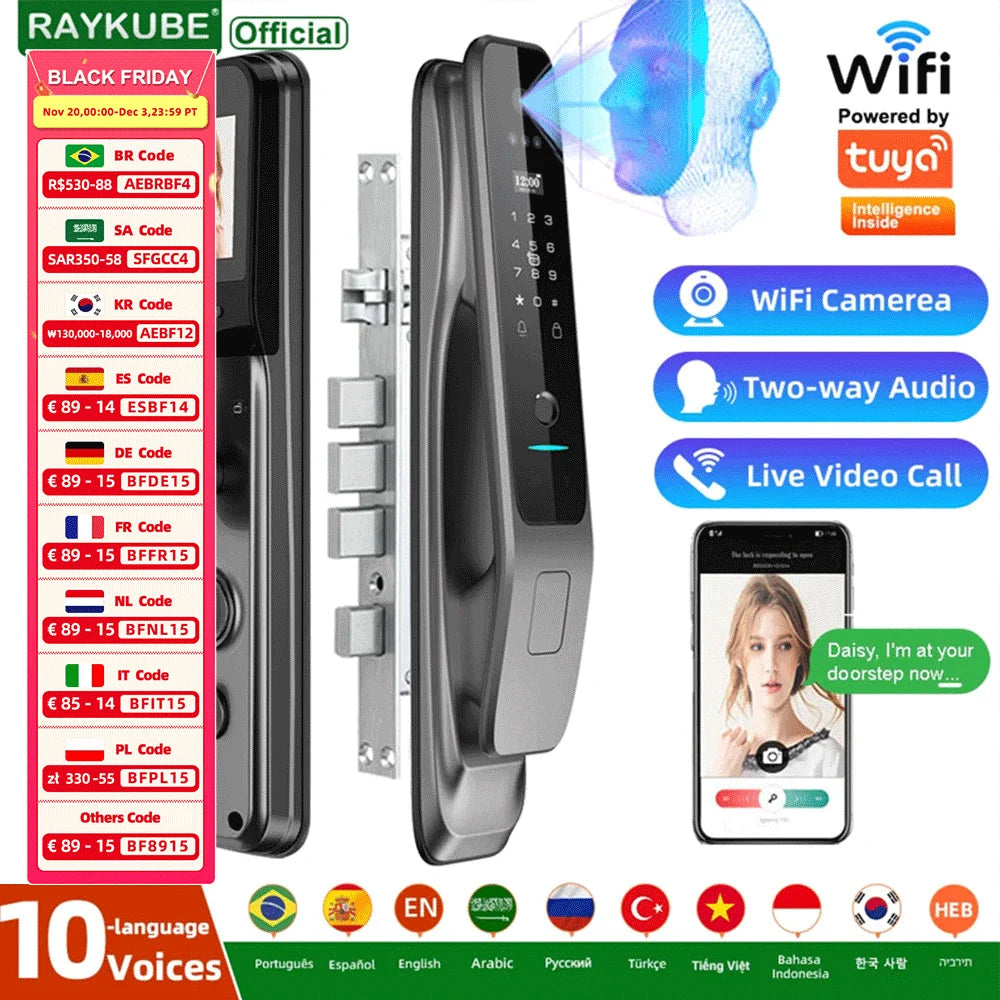 New RAYKUBE X50 Tuya WiFi 3D Face Recognition Digital Fingerprint Door Lock With WiFi Camera Remote APP Video Call 10-language