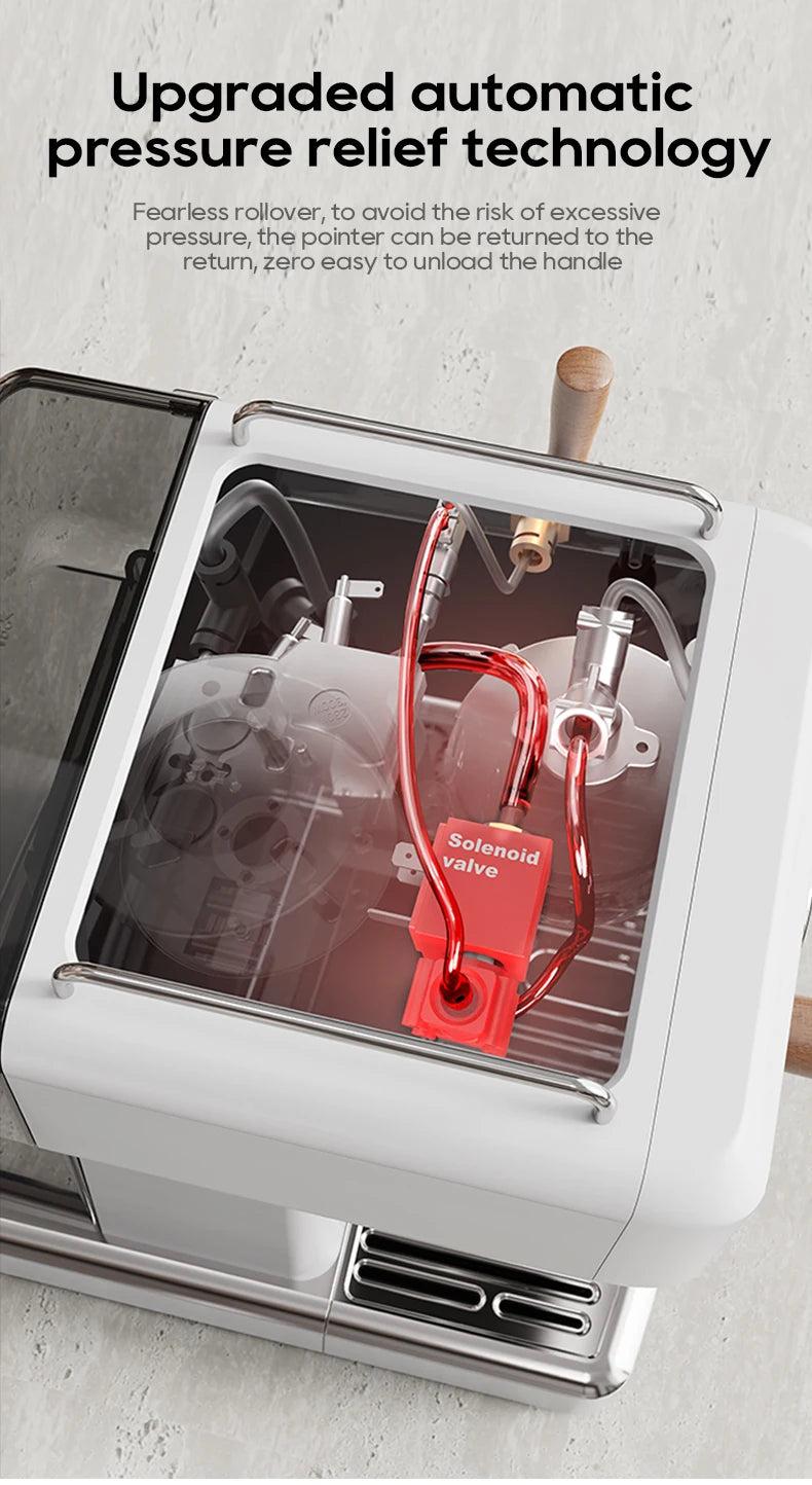 White espresso machine with clear top showing internal solenoid valve and automatic pressure relief technology system.