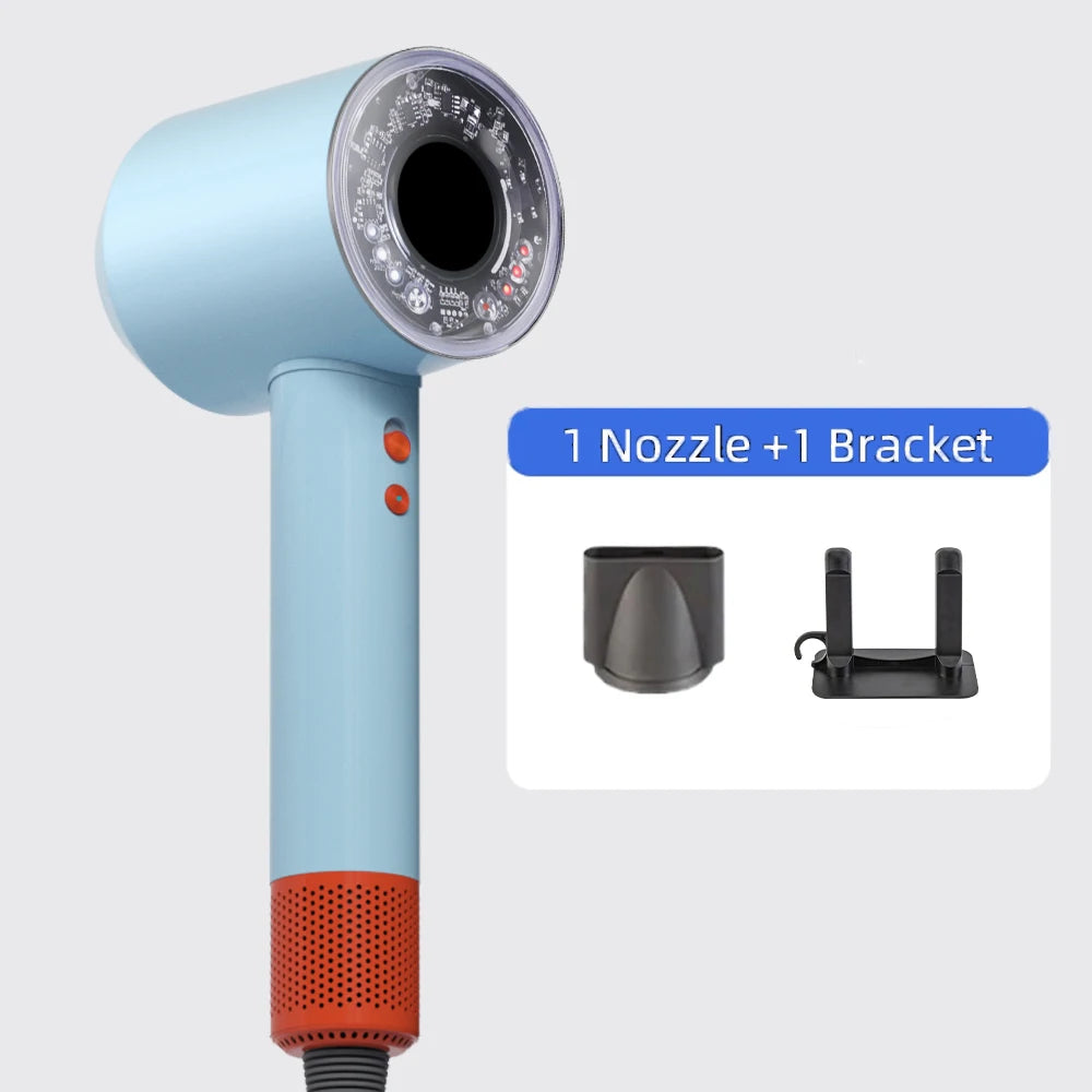 Light blue professional 1200W ionic hair dryer with concentrator nozzle, wall bracket, and sleek modern design.