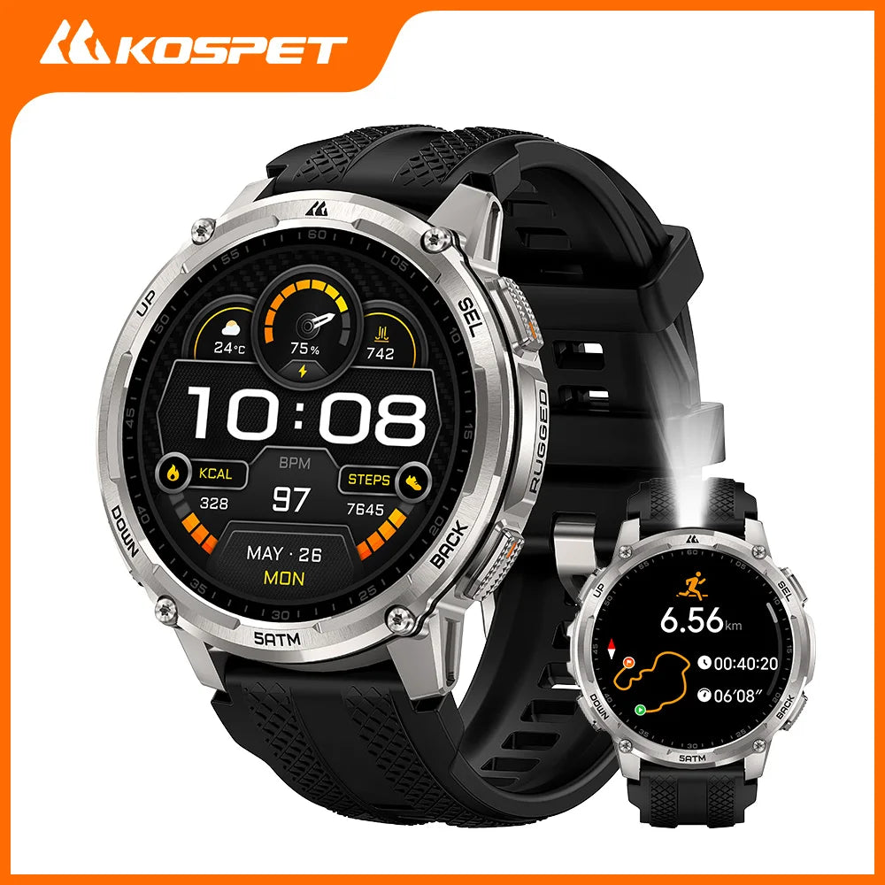 KOSPET TANK T4C Smart & Rugged Watch for Men Military-Grade Body with GPS Health Tracking & On-Wrist Flashlight 5ATM Waterproof