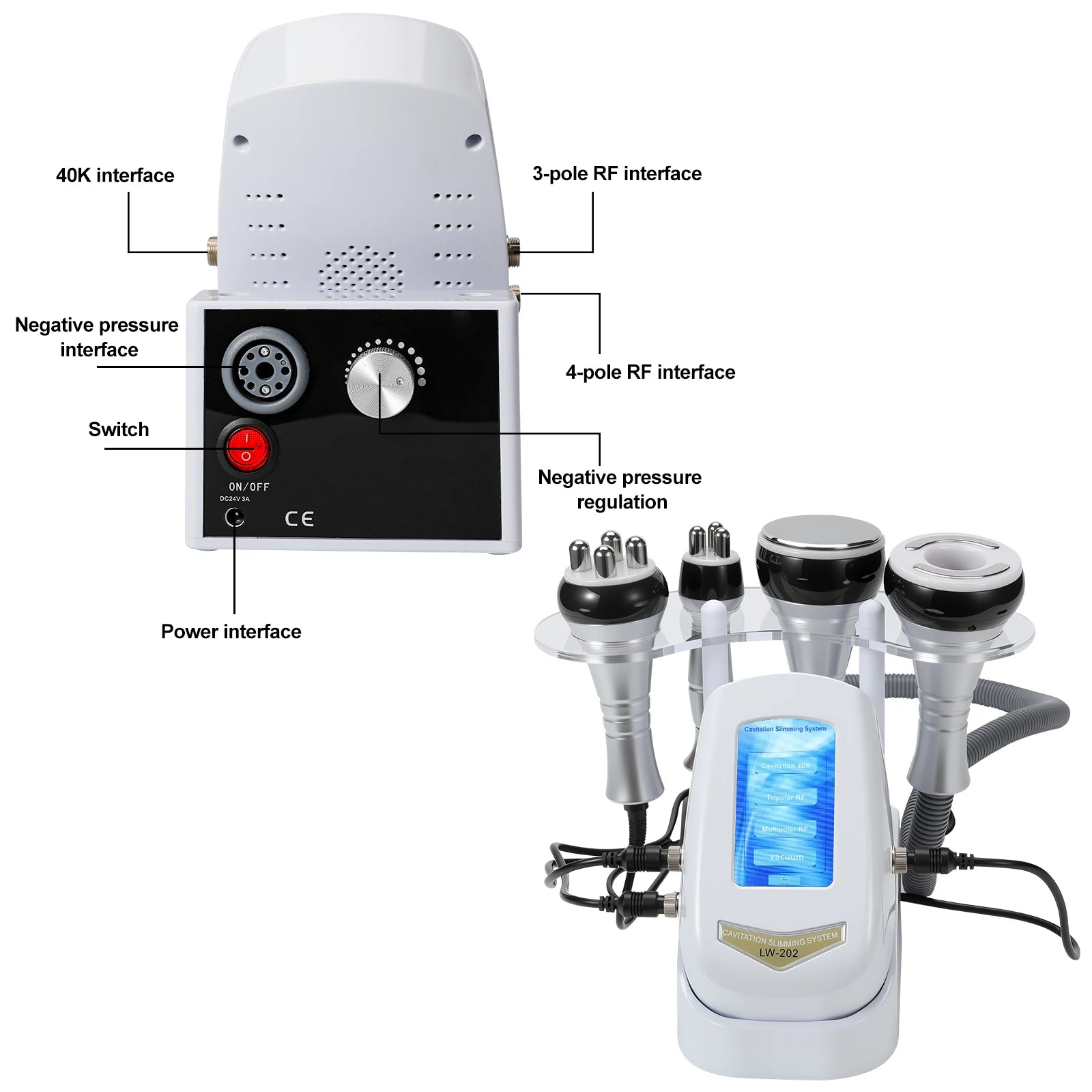 4-in-1 professional RF, ultrasound, and vacuum slimming beauty device with labeled control panel and probe attachments.