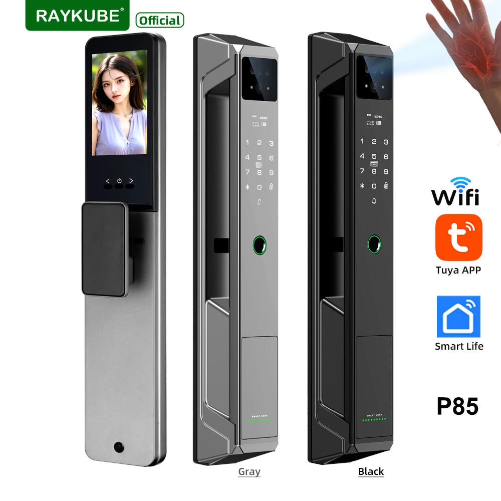 RAYKUBE 21-language Voice Tuya WiFi Camera Palm Vein Smart Fingerprint Lock Face Recognition Digital Lock With Video Call P85