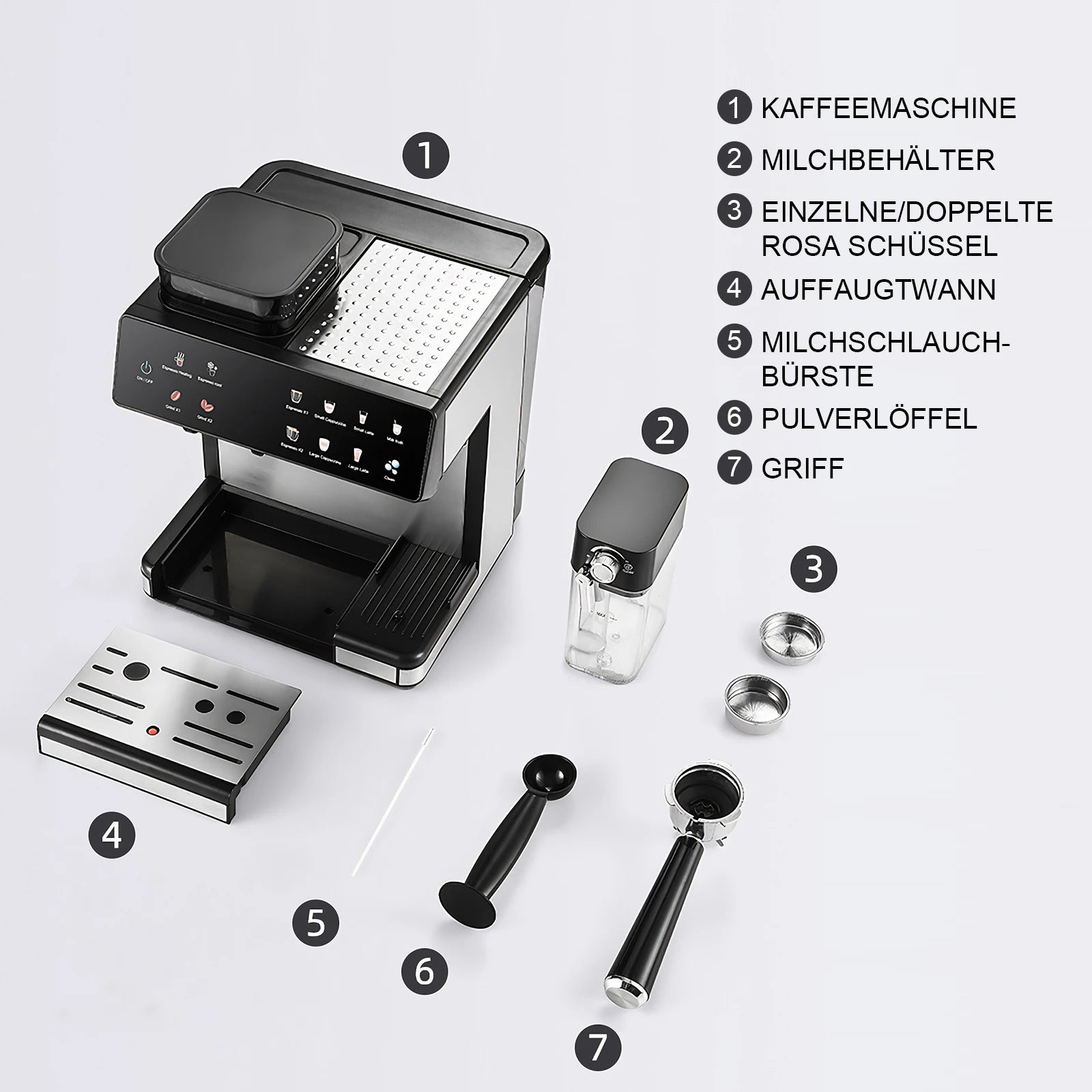 Black and silver espresso machine with milk frother, portafilter, and accessories on white background.