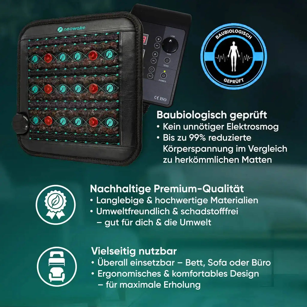 Black rectangular therapy mat with red and turquoise embedded stones, connected to a handheld intensity controller.