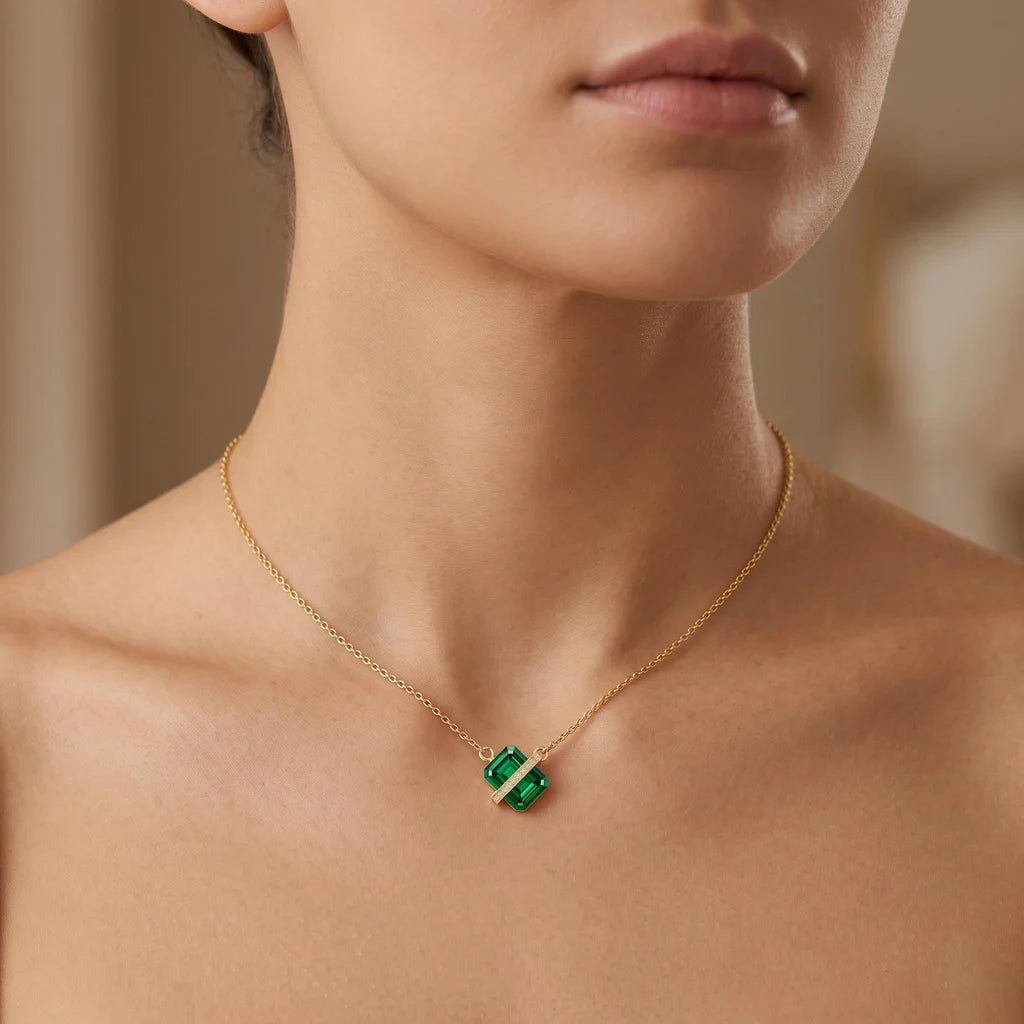 Luxury Gold Necklace with Large Green Gemstone and Sparkling Clear Stones Elegant Women’s Statement Pendant Jewelry